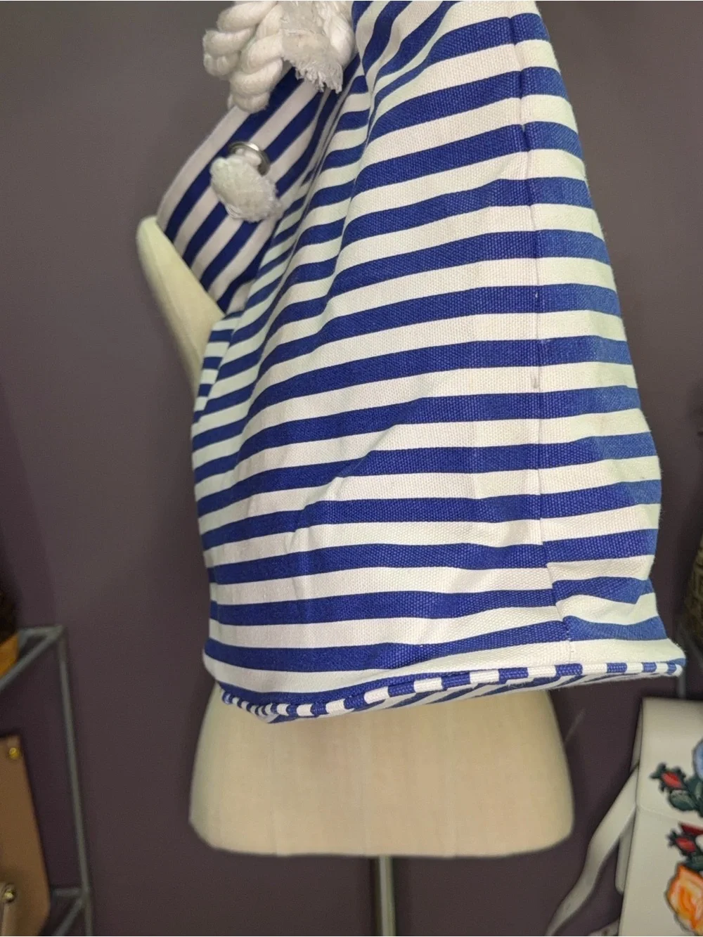 Punctuate Nautical Striped Canvas Tote Bag with Red Anchor Accent